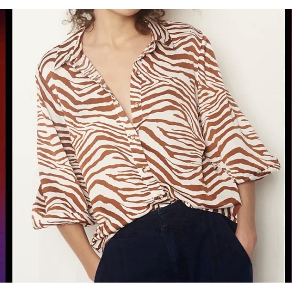 Eva Franco X Anthropologie Anita Brown White Zebra Striped Button Down‎ Shirt Sm